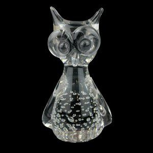 Hand Blown Glass Owl Paperweight Bullicante Controlled Bubbles Applied Big Eyes
